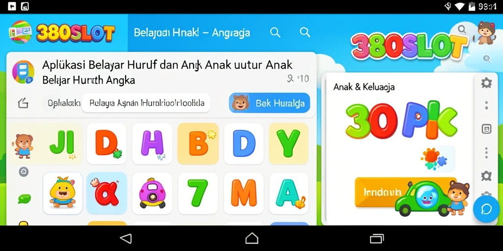 Screenshot 380SLOT menampilkan antarmuka belajar huruf dan angka yang menarik.
