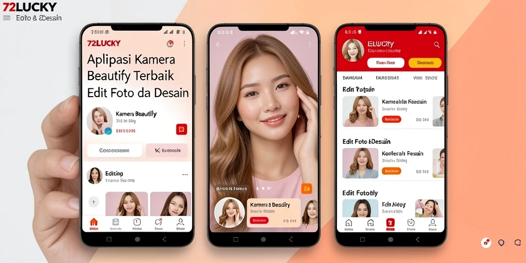 Tampilan utama aplikasi 72LUCKY dengan antarmuka kamera beautify.