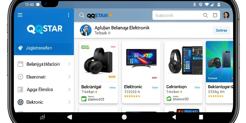 Tampilan antarmuka pengguna aplikasi QQSTAR untuk belanja elektronik.