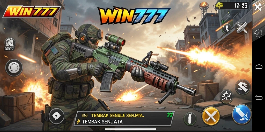 Antarmuka gameplay <strong>WIN777</strong> menampilkan pertarungan tembak-menembak yang mendebarkan.